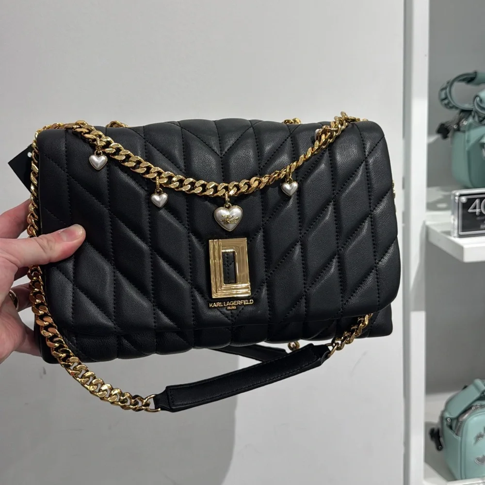 KARL LAGERFELD PARIS Lafayette Quilted Shoulder Bag Black Heart Charm Chain Gold